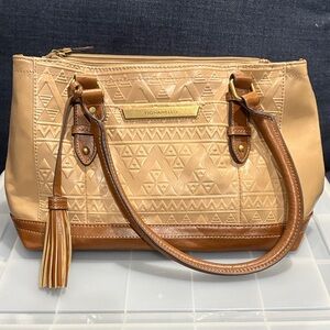 Tignanello Beige and Brown Embossed Shoulder Bag with Tassel